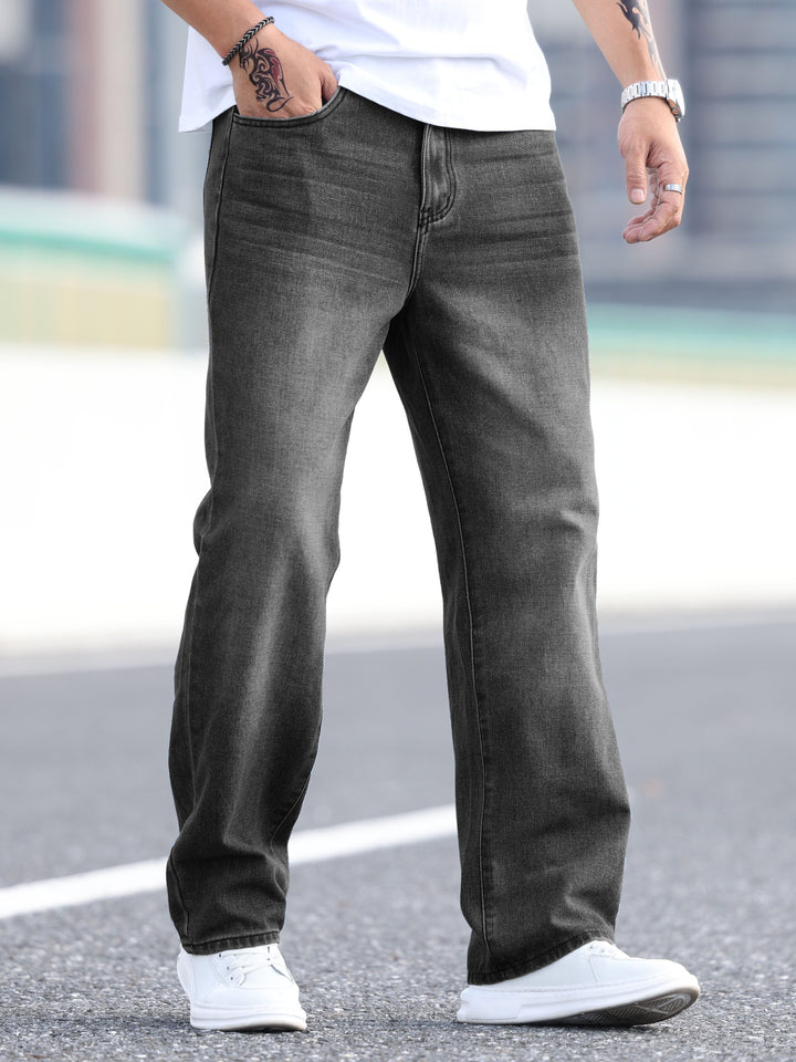 Wide Leg Cotton Blend  Jeans, Men's Casual Street Style Loose Fit Denim Dark Grey Pants For Spring Summer