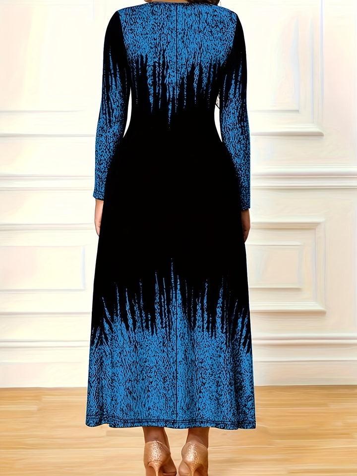 Stylish Plus Size Maxi Dress for Women - Colorblock Ombre Print and Long Sleeves