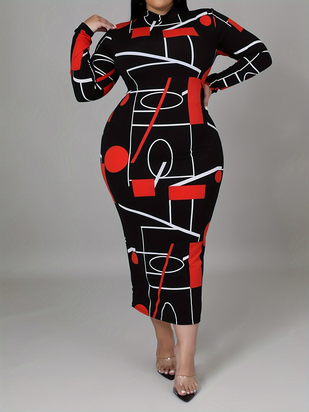 Plus Size Casual Dress, Women's Plus Geometric Print Long Sleeve Mock Neck Slim Fit Dress