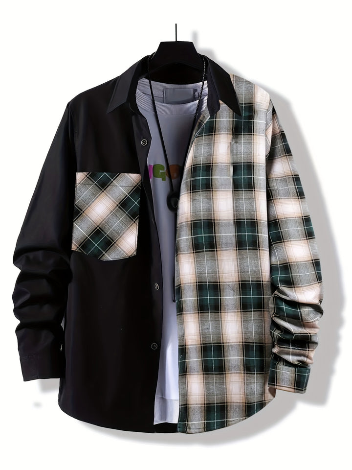 Boy's Plaid Button Down Shirt, Kids Lapel Color Block Trendy Long Sleeve Casual Tee Tops With Pocket For All Season