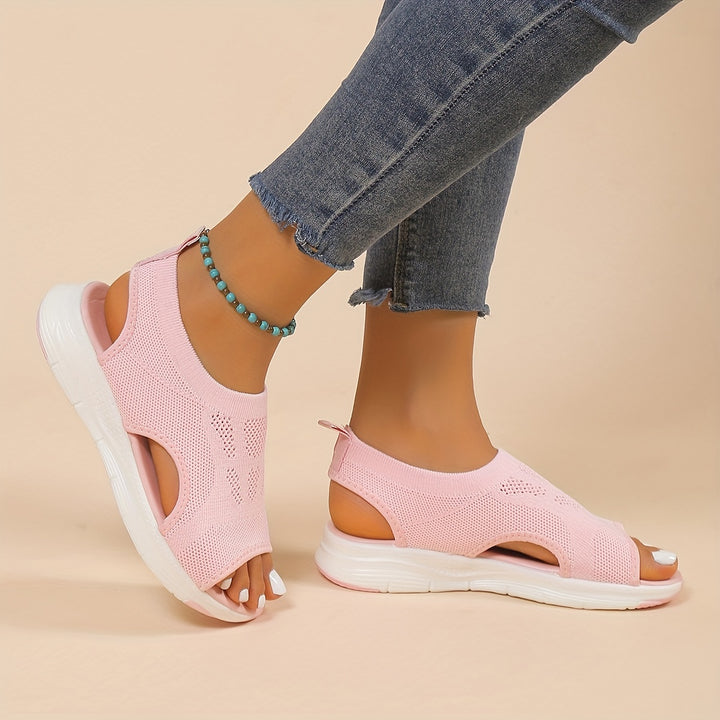 Women's Knitted Cut-out Sandals, Solid Color Open Toe Slip On Shoes, Lightweight Wedge Shoes