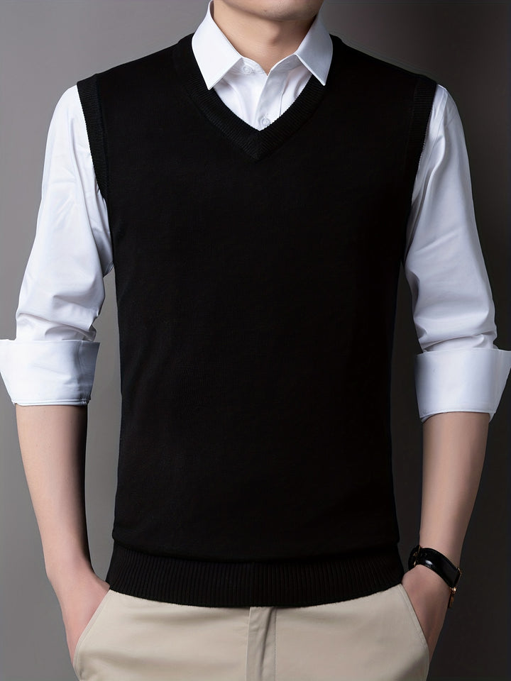 Casual Knitted Pullover, V-neck Sleeveless Thermal Jacket, Wool Vest, Men's Tank Top  For Autumn And Winter