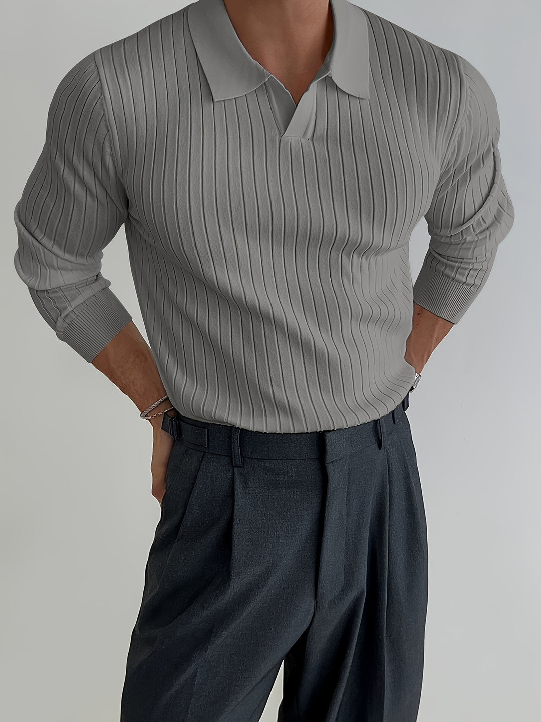Solid Chic Knit Shirt, Men's Casual Lapel Slightly Stretch V-Neck Pullover Sweater For Autumn Winter