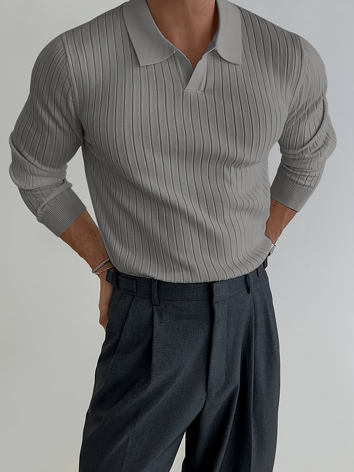 Solid Chic Knit Shirt, Men's Casual Lapel Slightly Stretch V-Neck Pullover Sweater For Autumn Winter