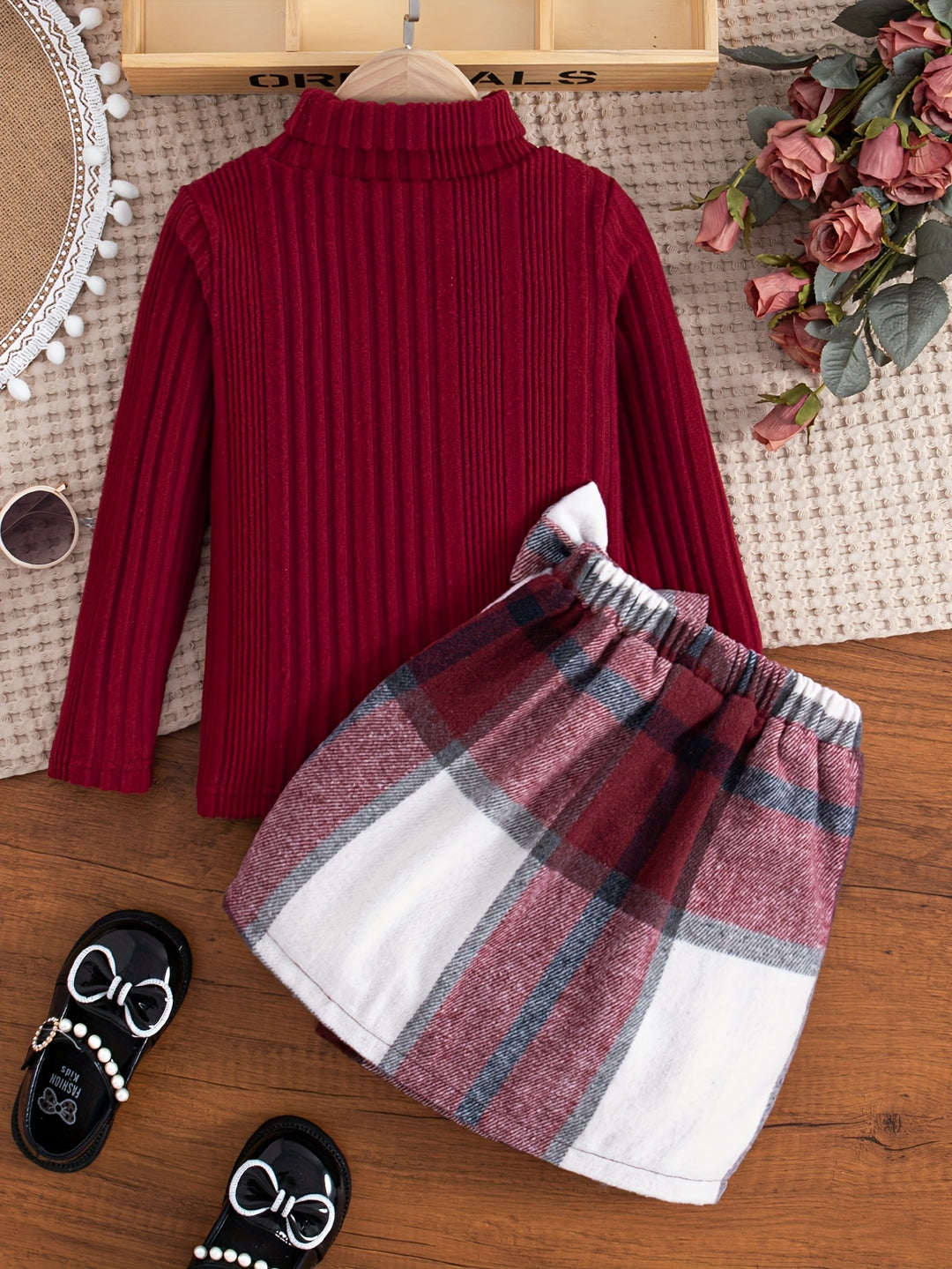 Elegant Outfits 2pcs Girls, Solid Turtleneck Pullover + Plaid Skirt Autumn Clothes Gift