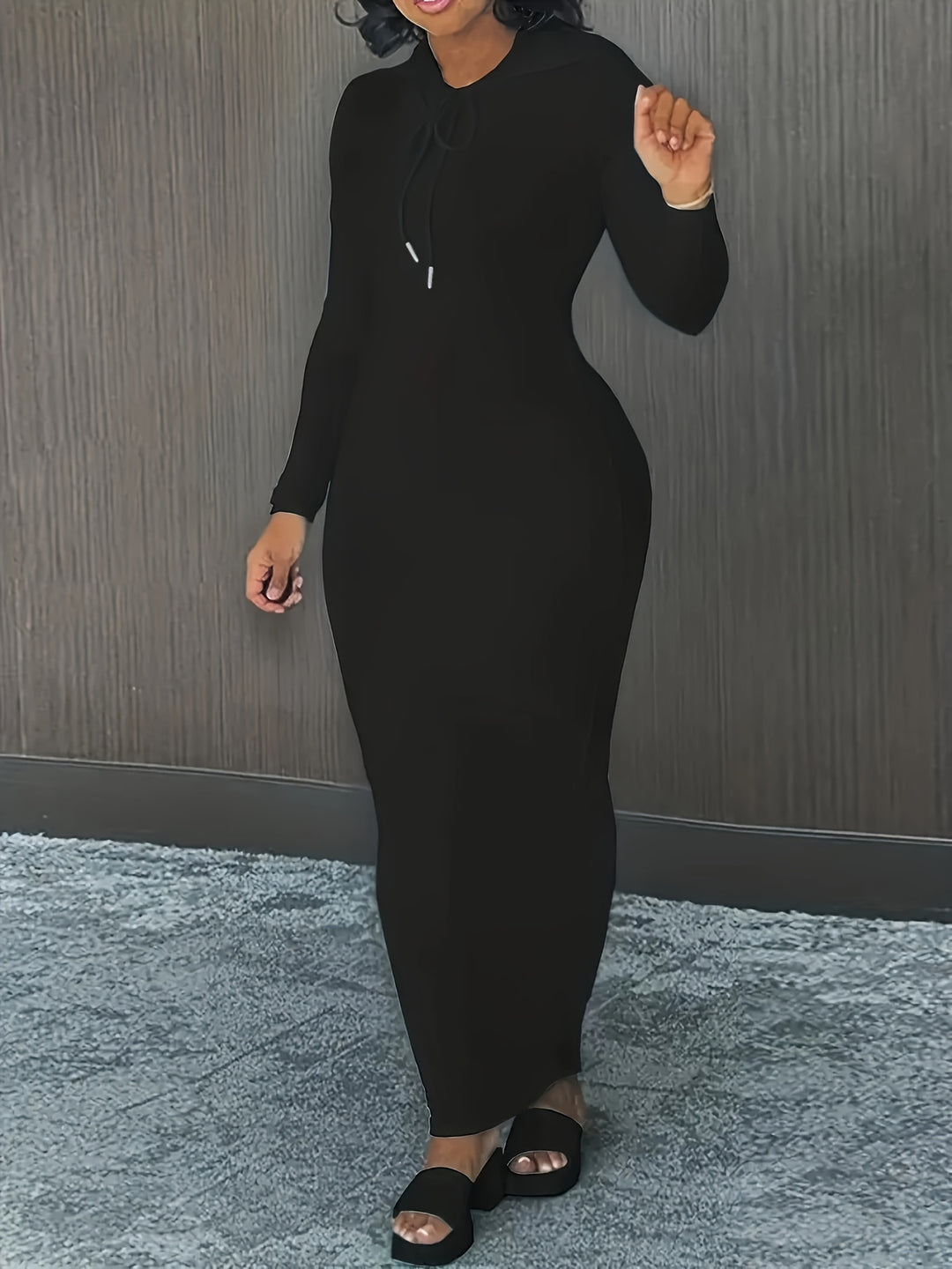 Stylish Plus Size Maxi Dress for Women, Long Sleeve Hooded Drawstring Dress