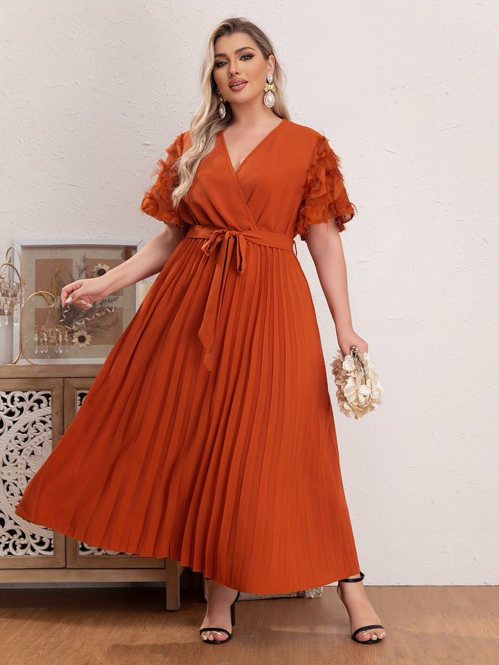 Plus Size Boho Dress, Women's Plus Solid Tassel Decor Butterfly Sleeve Surplice Neck Pleated Maxi Dress With Belt