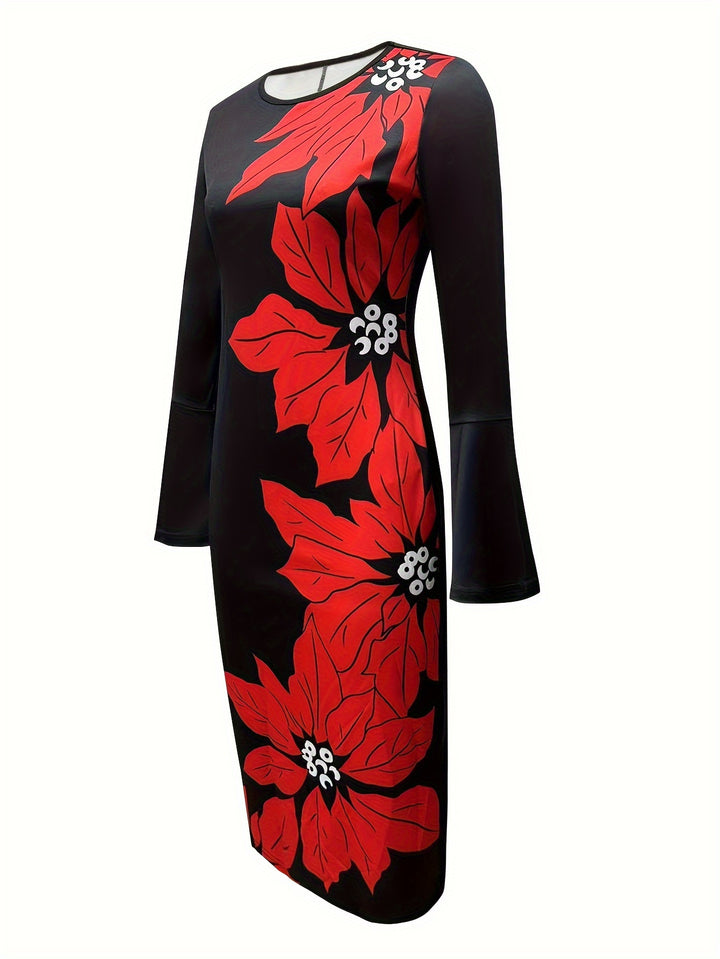 Elegant Floral Print Dress with Flare Sleeves and Crew Neck, Perfect for Any Occasion