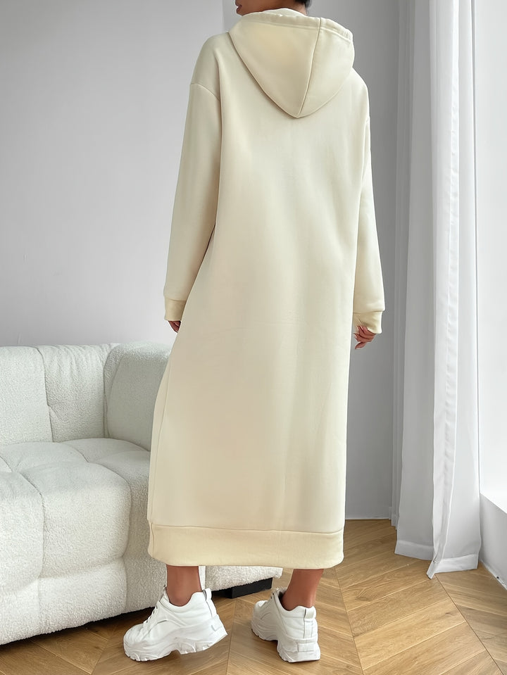 Solid Drawstring Hooded Dress, Casual Long Sleeve Loose Dress, Women's Clothing