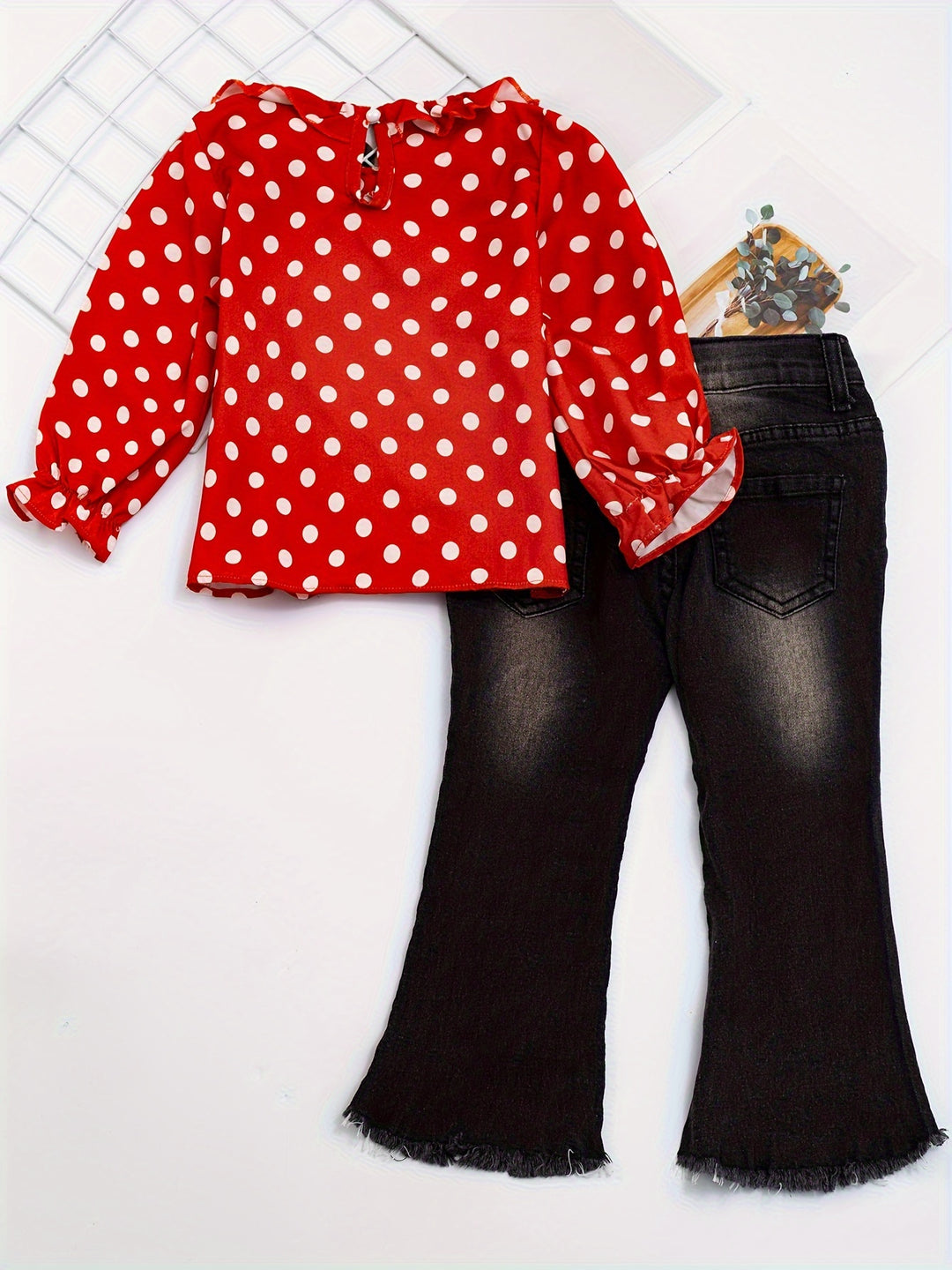 Elegant Girls 2pc Polka Dot Print Pullover + Ripped Flare Jeans Kids Clothes