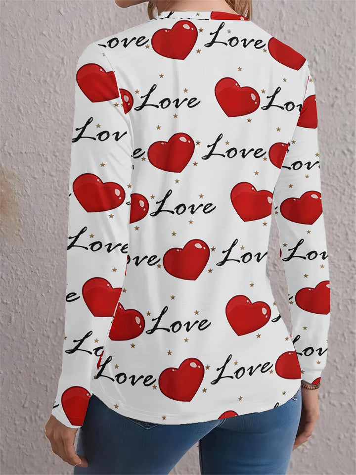 Plus Size Heart Print Top, Casual Crew Neck Long Sleeve Top, Women's Plus Size Clothing