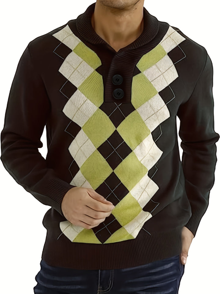 Retro All Match Knitted Argyle Sweater, Men's Casual Warm Middle Stretch Shawl Collar Pullover Sweater For Men Fall Winter