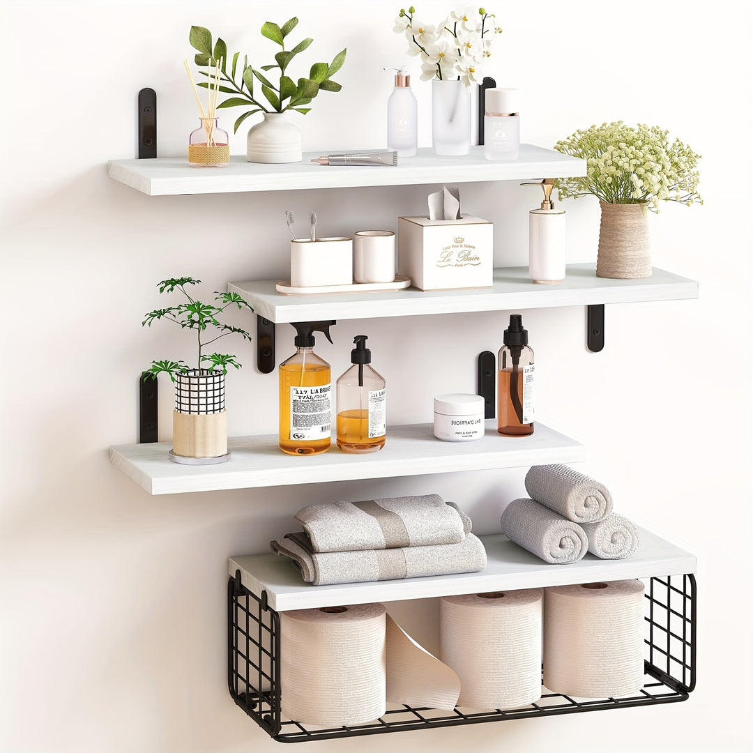 4 + 1 Layer Bathroom Shelf, Floating Shelf With Simple Wooden Wall-mounted Shelf, Toilet With Metal Wire Storage Basket Above, Kitchen, Living Room And Plant Farmhouse Wall Decoration