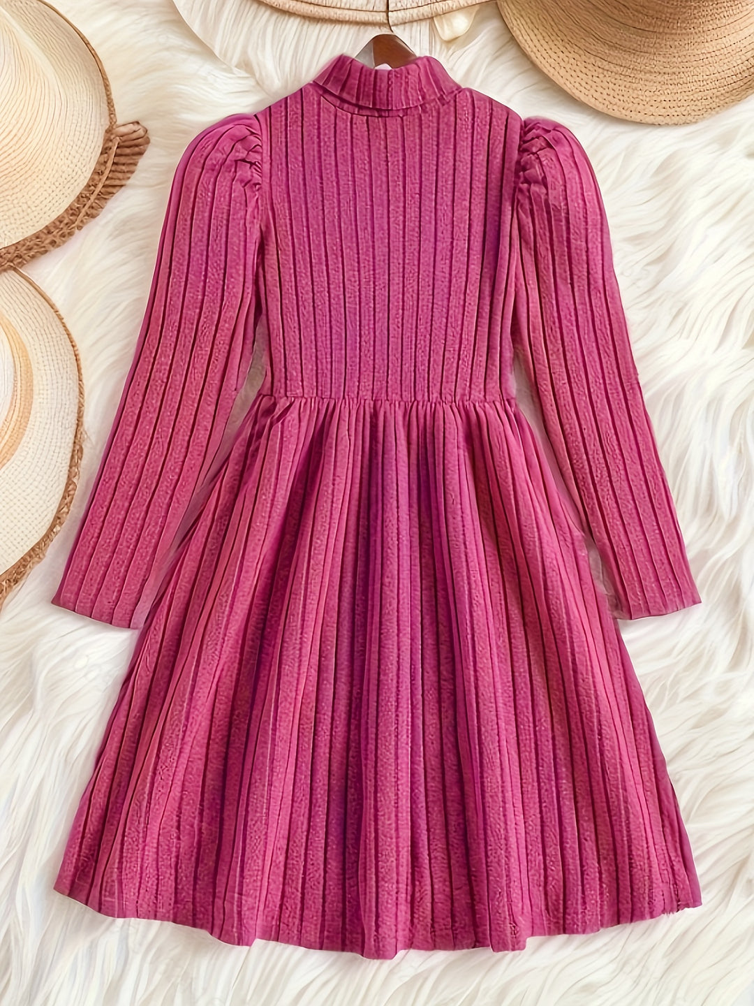 Girls Solid Ribbed Knit Long Sleeve Dress Comfy Stretchy Dress Without Necklace For Fall Winter Christmas Gift