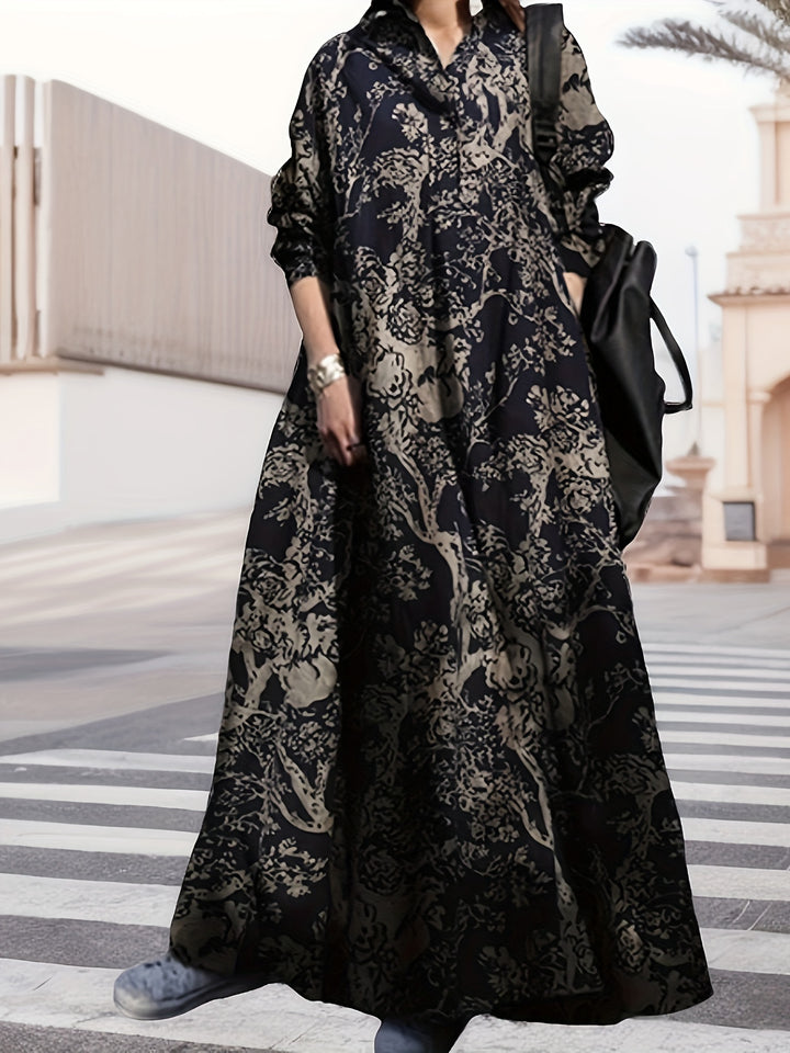 Vintage Graphic Print V-neck Dress, Elegant Long Sleeve Maxi Dress For Spring & Fall, Women's Clothing