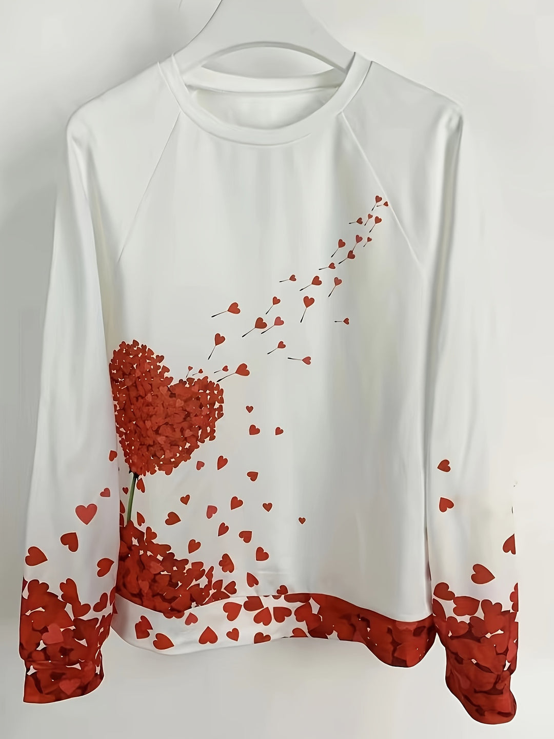 Plus Size Casual Top, Women's Plus Heart Print Long Sleeve Round Neck Loose Fit Top