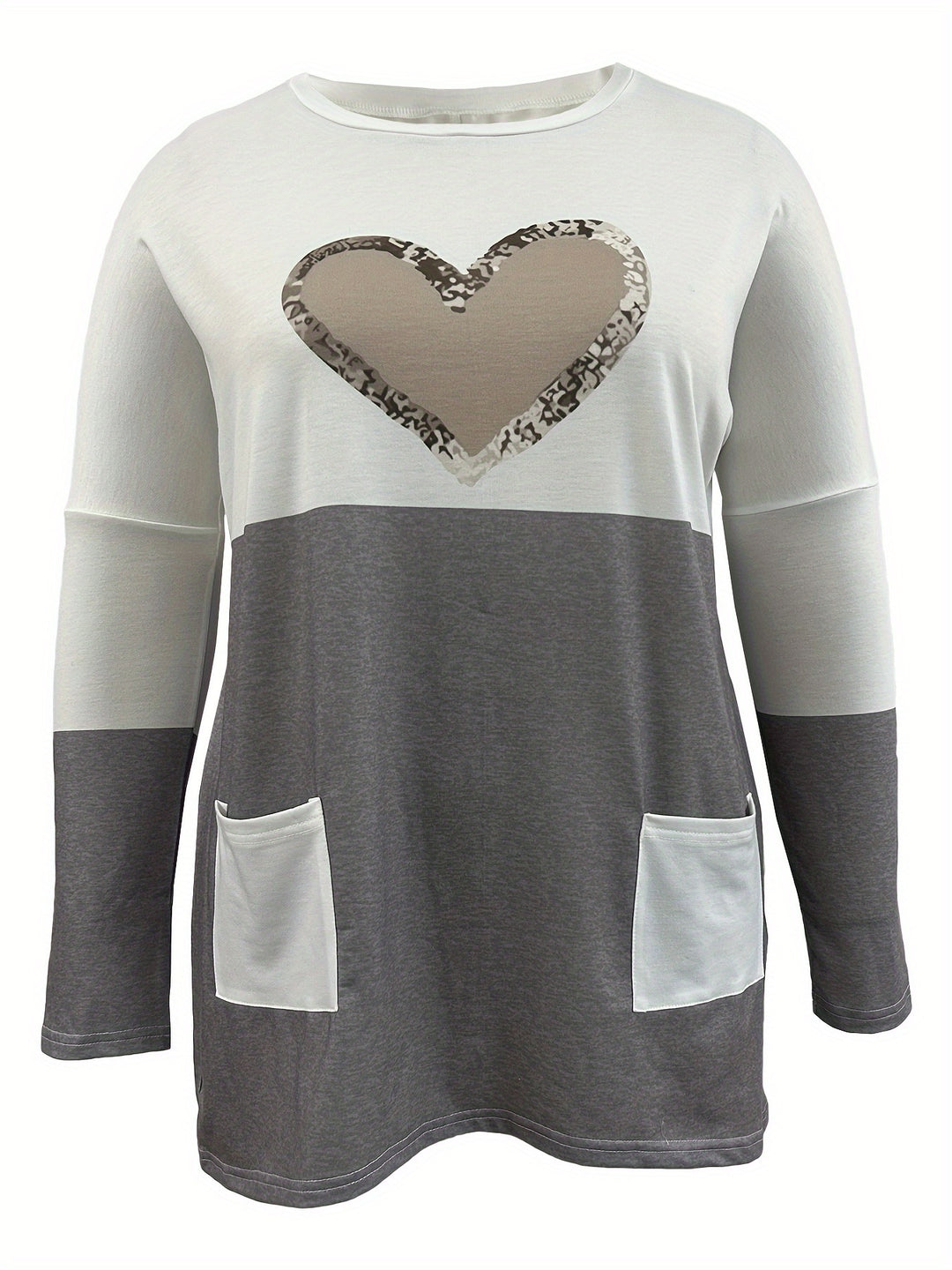 Plus Size Casual T-shirt, Women's Plus Colorblock Heart Print Drop Shoulder Long Sleeve Round Neck Tunic T-shirt With Pockets