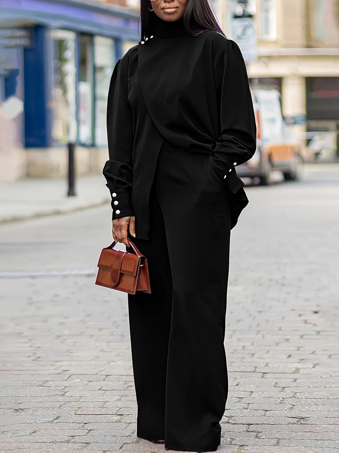 Plus Size Casual Outfits Set, Women's Plus Solid Button Detail Long Sleeve Turtleneck Wrap Hem Top & Pants Outfits 2 Piece Set