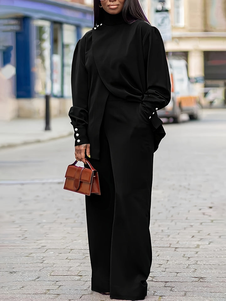 Plus Size Casual Outfits Set, Women's Plus Solid Button Detail Long Sleeve Turtleneck Wrap Hem Top & Pants Outfits 2 Piece Set