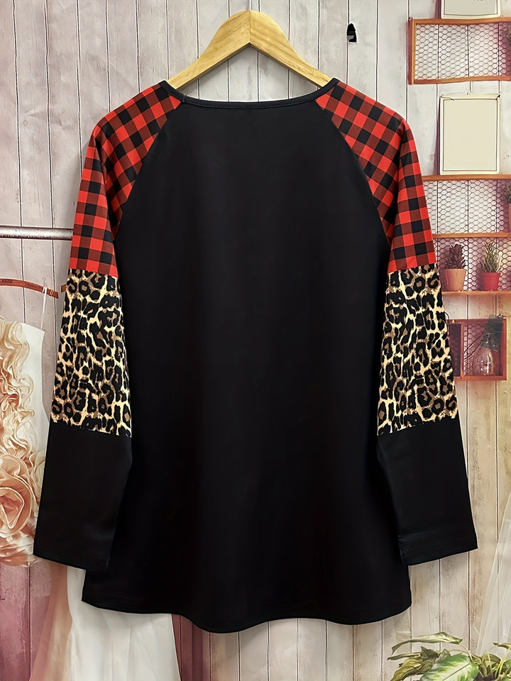 Plus Size Casual T-shirt, Women's Plus Leopard & Plaid Heart Print Long Sleeve Round Neck Slight Stretch T-shirt