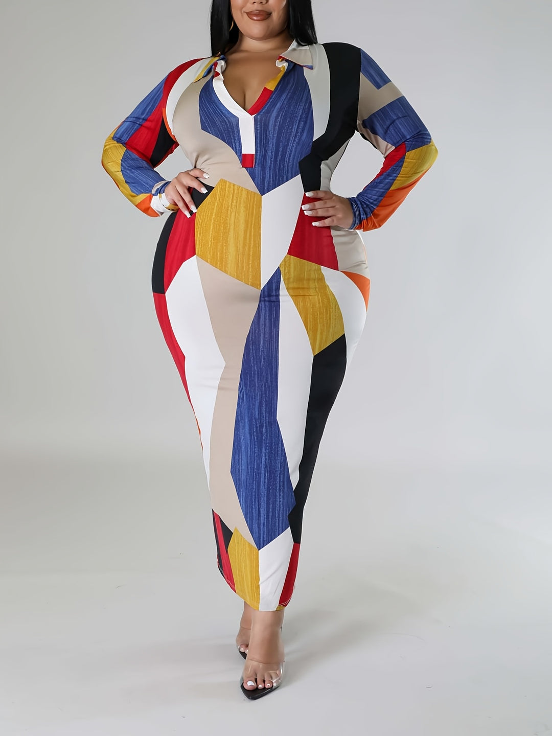 Plus Size Elegant Dress, Women's Plus Geometric Print Long Sleeve V Neck Medium Stretch Bodycon Midi Dress