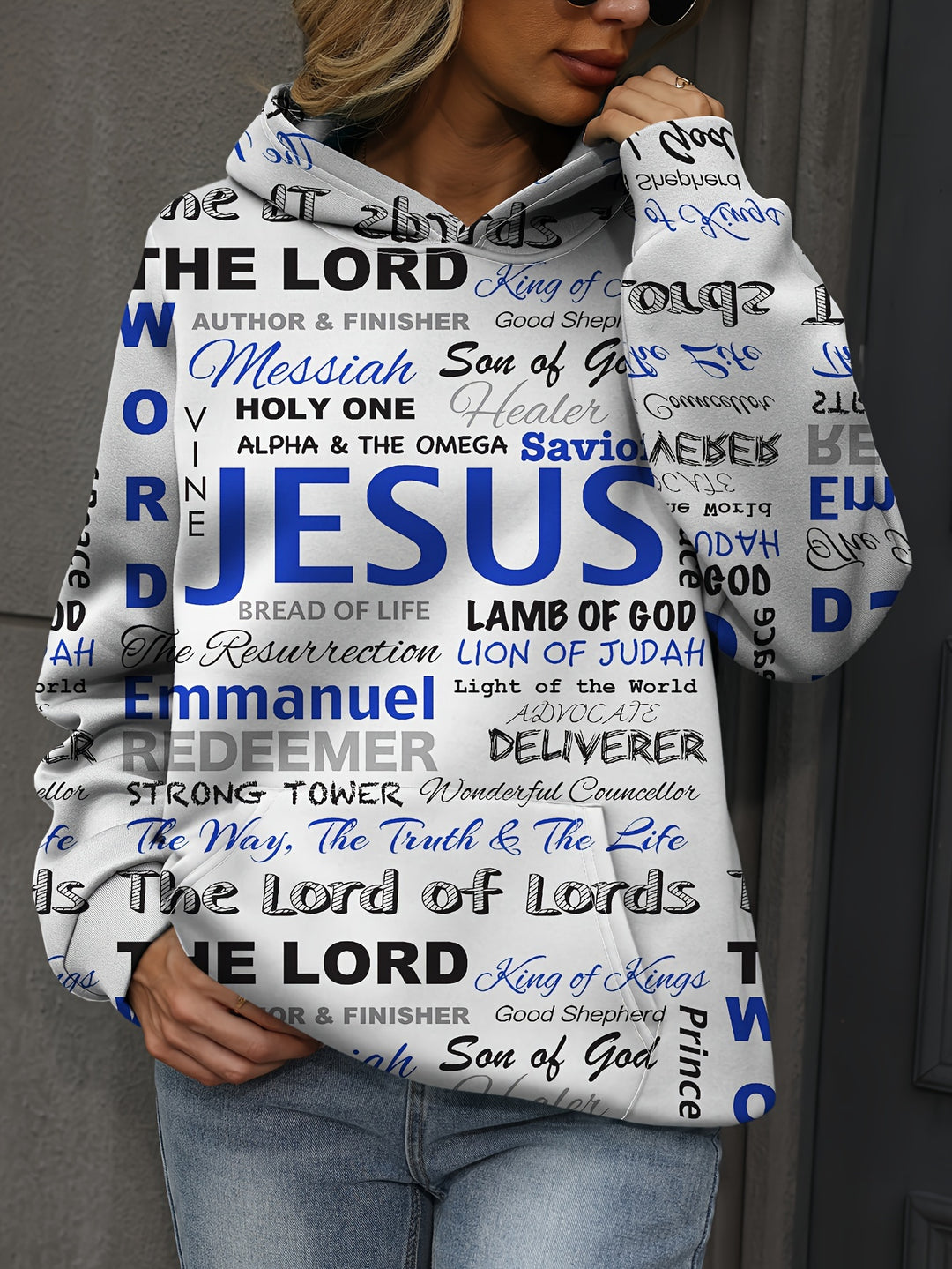 Jesus Letter Print Hoodies, Casual Kangaroo Pocket Long Sleeve Sweatshirt, Women's Clothing