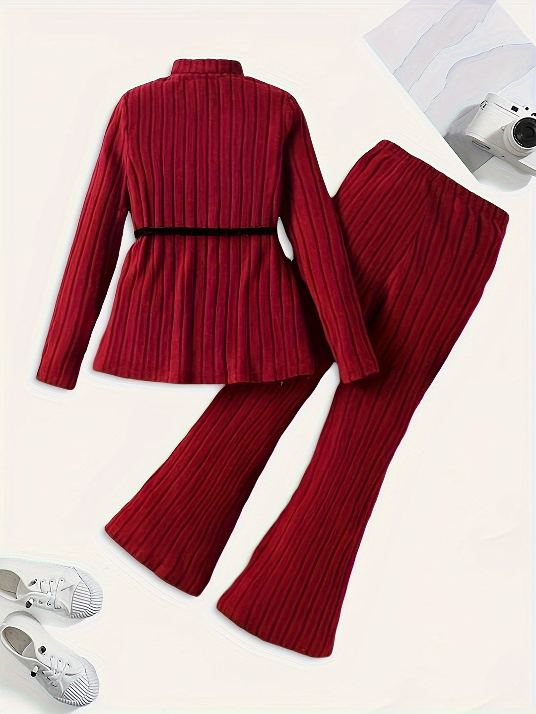 2pcc, Solid Ribbed Long Sleeve Top + Flare Pants Set Comfy Outfits For Girls Spring Fall Winter Christmas Gift