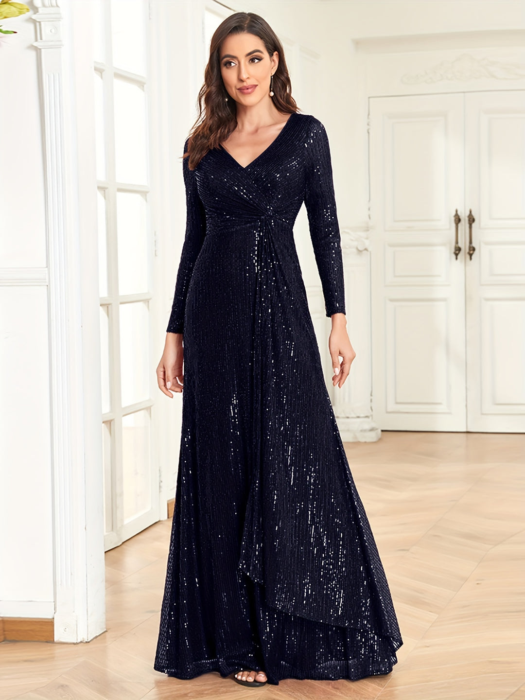 Sequins V Neck Evening Dress, Elegant Long Sleeve Waist Guest Prom Cocktail Floor Length Dress, Women's Clothing