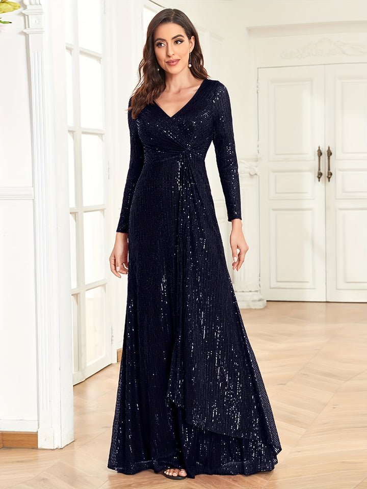 Sequins V Neck Evening Dress, Elegant Long Sleeve Waist Guest Prom Cocktail Floor Length Dress, Women's Clothing