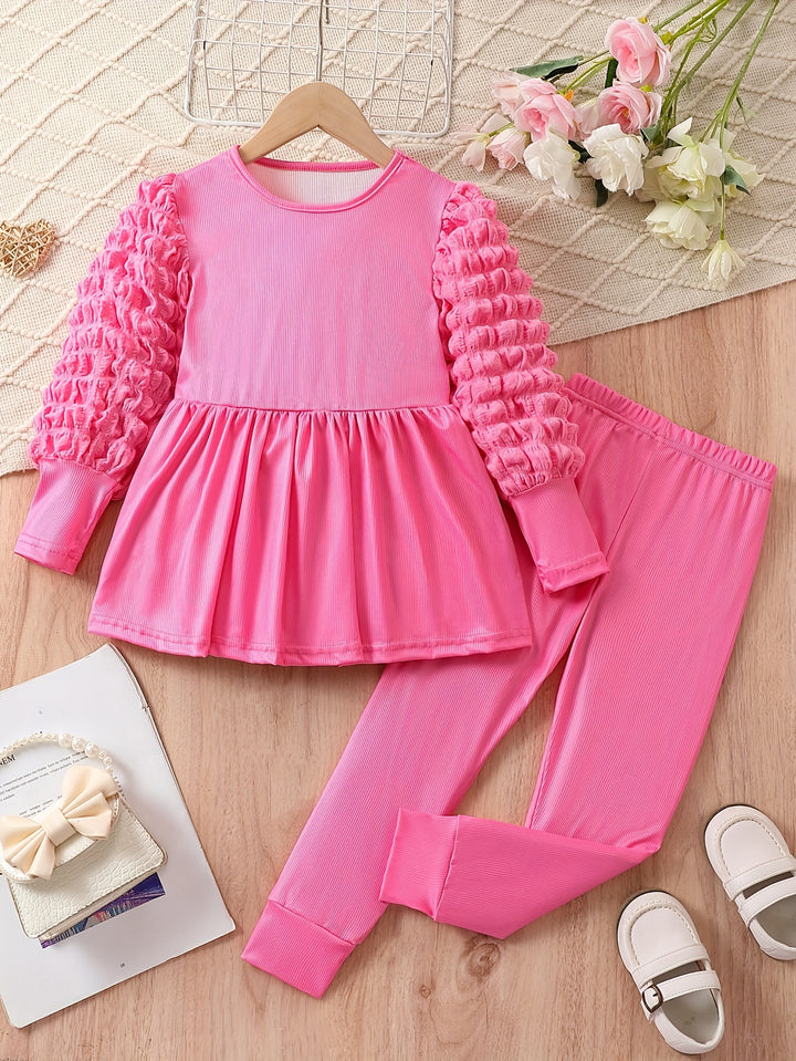 Solid Outfits 2pc Girls Puff Long Sleeve Top +pants Kids Clothes For Fall