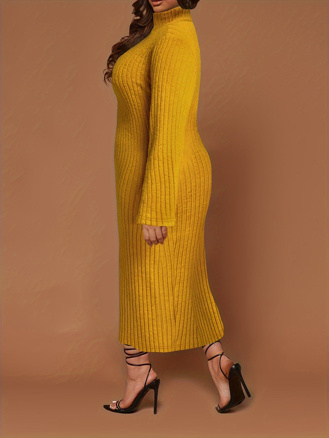 Plus Size Solid Ribbed Dress, Casual Mock Neck Long Sleeve Dress, Women's Plus Size Clothing