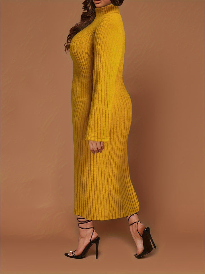 Plus Size Solid Ribbed Dress, Casual Mock Neck Long Sleeve Dress, Women's Plus Size Clothing
