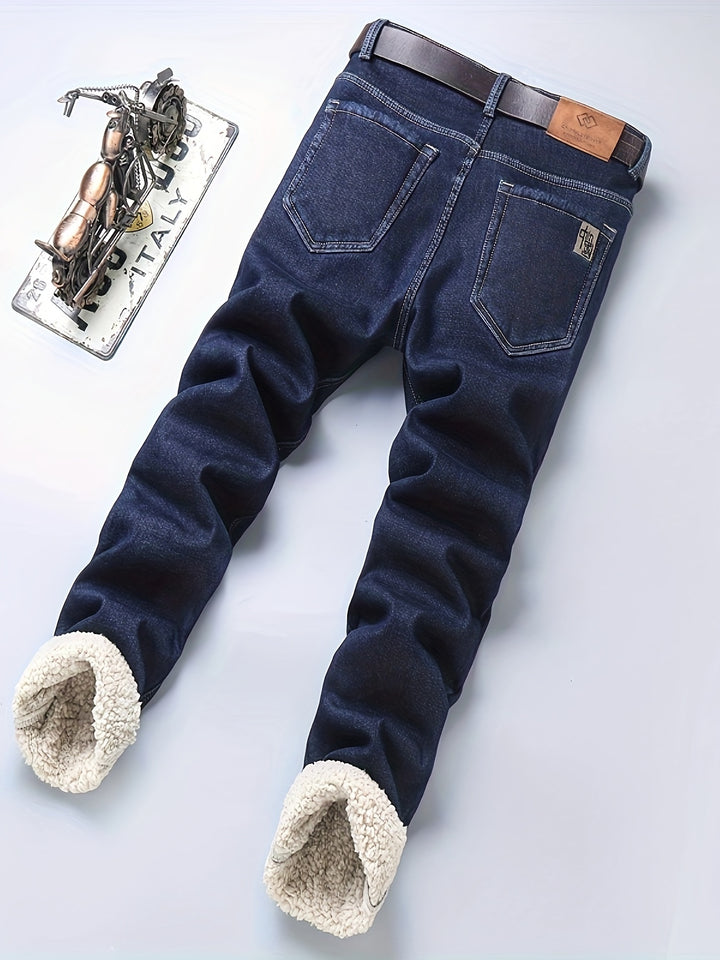Men's Casual Warm Thick Jeans, Classic Design Stretch Straight Leg Jeans For Business