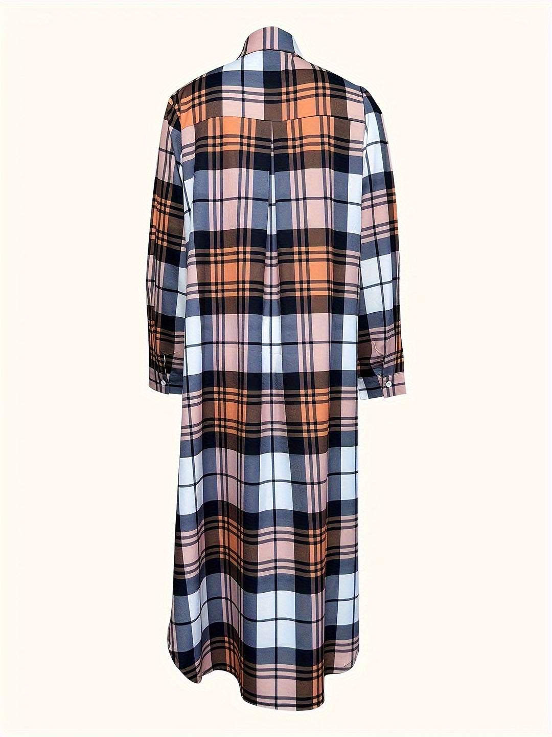 Plus Size Casual Dress, Women's Plus Plaid Print Long Sleeve Button Up Lapel Collar Shirt Dress