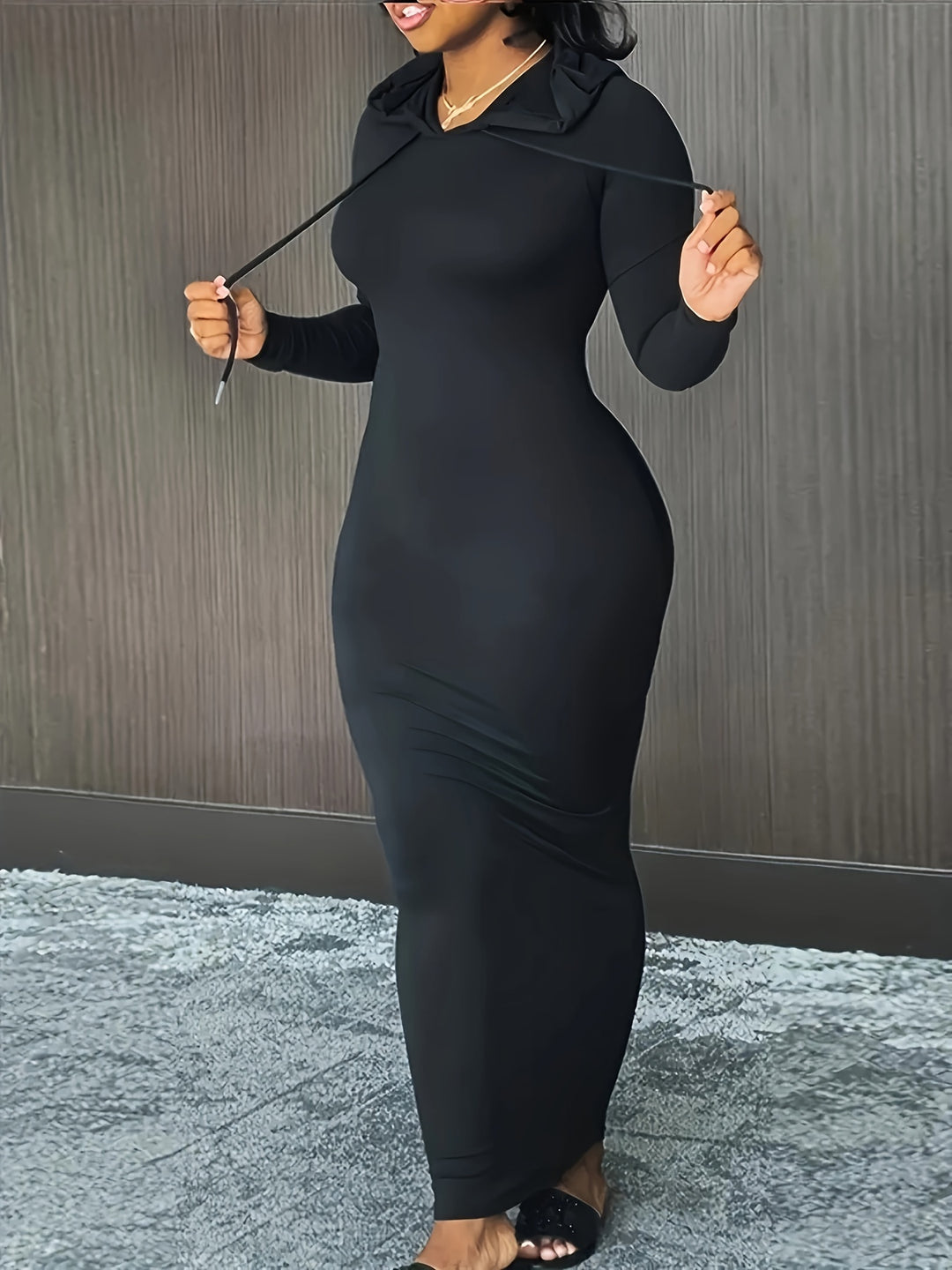Stylish Plus Size Maxi Dress for Women, Long Sleeve Hooded Drawstring Dress