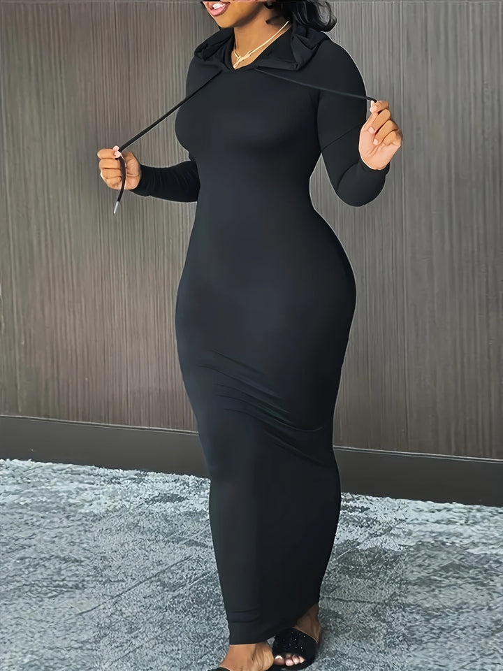 Stylish Plus Size Maxi Dress for Women, Long Sleeve Hooded Drawstring Dress