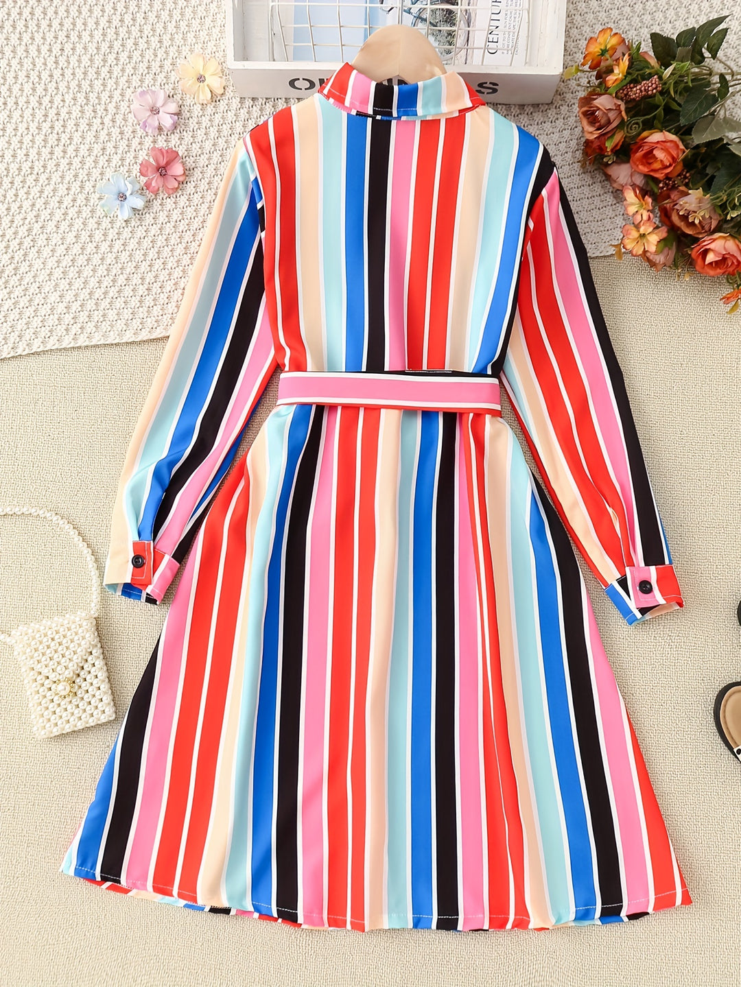 Trendy Girls' Stripe Long Sleeve Collared Shirt Dress With Belt, Casual Dresses For Teen Girls