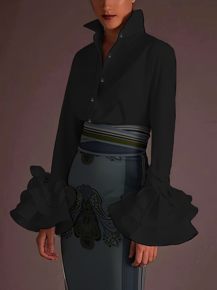 Plus Size Elegant Blouse, Women's Plus Solid Button Up Layered Sleeve Turn Down Collar Blouse