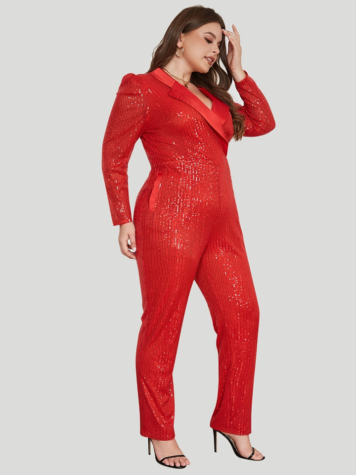 Plus Size Elegant Jumpsuit, Women's Plus Solid Sequin Lantern Sleeve Lapel Collar Jumpsuit