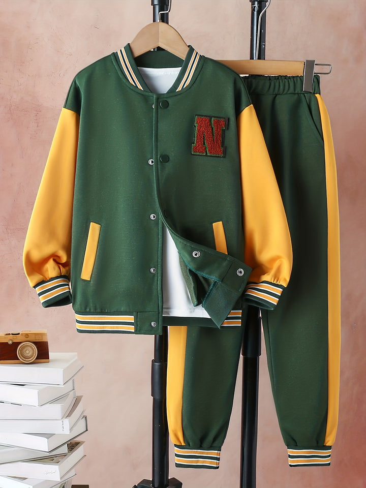 2pcs Trendy Outfits, Splicing Varsity Jacket & Jogger Pants, Kids Clothes For Girls Autumn Sports Party