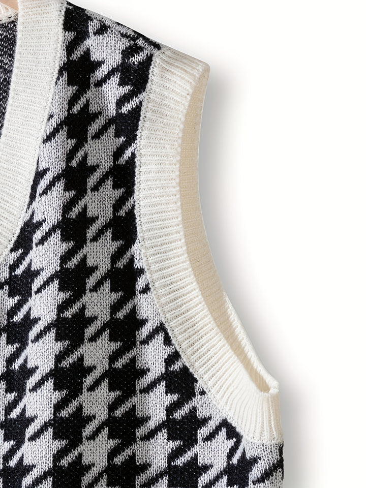 Men's V-neck Houndstooth Casual Sleeveless Knitted Sweater Vest, Men's Clothing For Autumn Winter