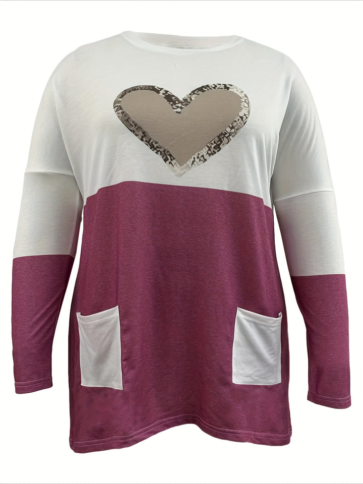 Plus Size Casual T-shirt, Women's Plus Colorblock Heart Print Drop Shoulder Long Sleeve Round Neck Tunic T-shirt With Pockets
