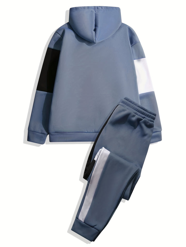Men's Colorblock Hooded Sweatshirt Casual Outfit Set, 2 Pieces Long Sleeve Pullover Hoodies And Drawstring Sweatpants