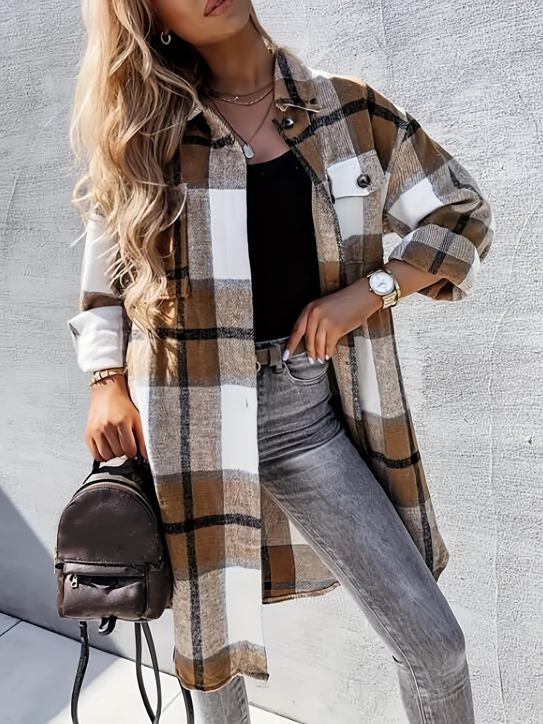 Plaid Print Long Length Jacket, Casual Button Front Flap Pockets Outwear, Women's Clothing