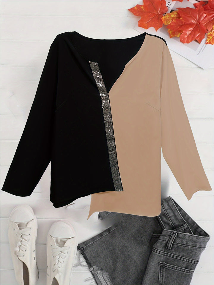 Plus Size Casual Blouse, Women's Plus Colorblock Sequin Notched Neck Long Sleeve Asymmetrical Hem Top