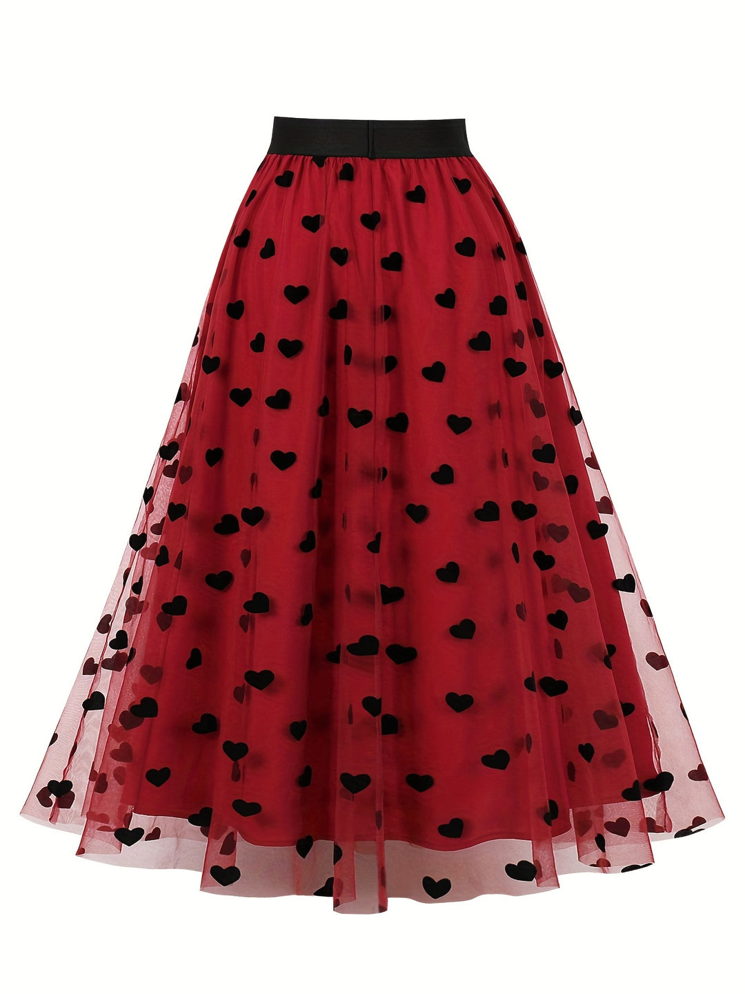 Plus Size Elegant Skirt, Women's Plus Layered Heart Mesh Elastic Waist High Rise Slight Stretch A-line Skirt