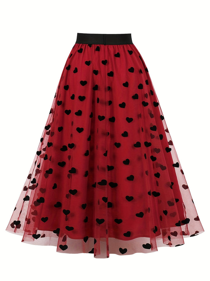 Plus Size Elegant Skirt, Women's Plus Layered Heart Mesh Elastic Waist High Rise Slight Stretch A-line Skirt