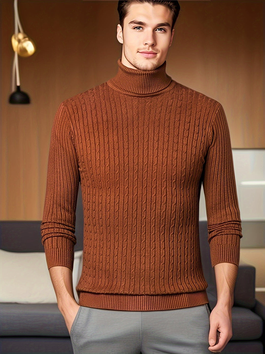 Men's Trendy Knitted Sweater, Casual Mid Stretch Breathable Turtle Neck Top For Outdoor Fall Winter