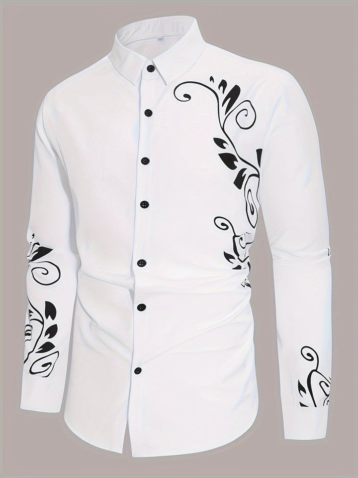 Simple Print Men's All-match Casual Long Sleeve Lapel Shirt, Spring Fall