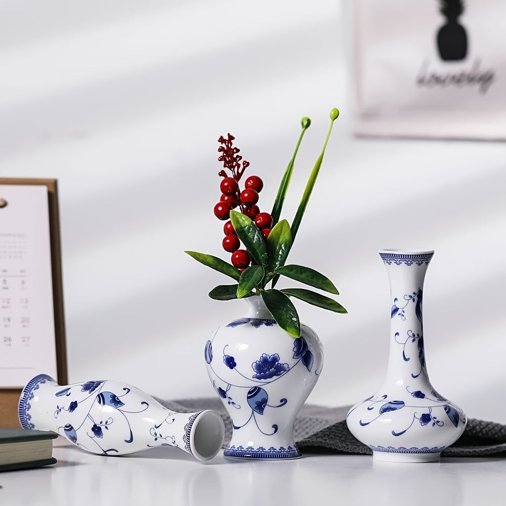 3pcs 1 set Cute Blue and White Ceramic Bud Vase for Farmhouse Table Centerpiece and Rustic Wedding Decorations - Chinese Antique Style Vase for Home Table Flower Decor